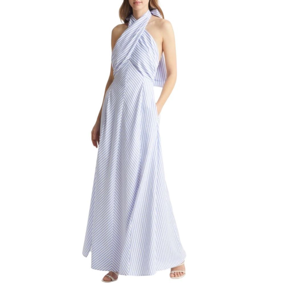 Vici Light Blue and White Striped Halter Maxi Dress